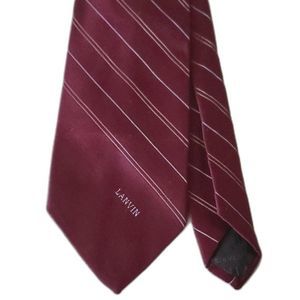 EUC Lanvin Paris Mens Neck Tie Lined Diagonal Stripes Logo Dark Red Maroon Suit